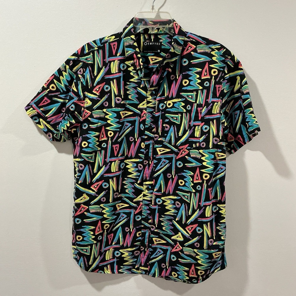 EMPYRE Men's Black Geometric Print Button Up Shirt Size L‎ 80's Retro Punk Neon